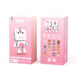 Roze verpakking van de MOB dansende bluetooth speaker eenhoorn van voren en van achteren