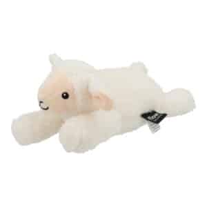 Liggende schapenknuffel Rosie in crèmekleurige teddystof met Flow-label