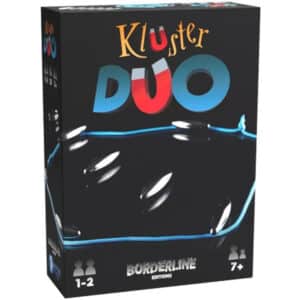 Zwarte doos van Kluster Duo met blauwe letters en magneetstenen – voorkant