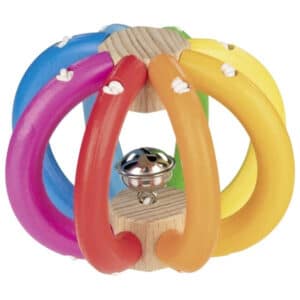 Goki grijpbal van buigzame ringen in regenboogkleuren met belletje in het midden