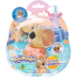 Animagic Let's Glo Capybara in de blisterverpakking met transparant bruin capibara-badspeeltje – voorkant