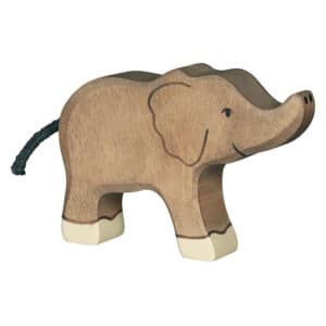 Kleine Holztiger olifant van grijsbruin hout met licht opgeheven slurf