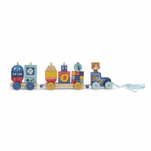 Houten Moulin Roty trektrein met locomotief en twee wagons vol blauwe en gele stapelblokjes