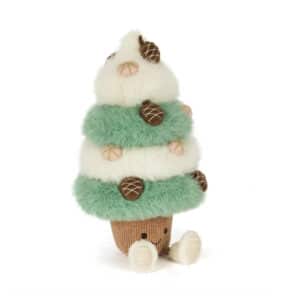 Groen-witte kerstboomknuffel met dennenappels en lachend gezichtje op een bruine pot – voorkant