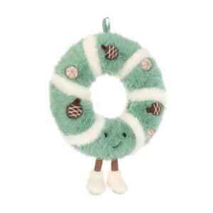 Groene kerstkrans-knuffel met witte banden – dennenappels – gezichtje en beentjes – voorkant
