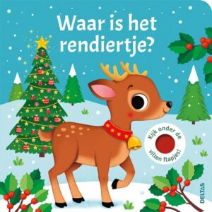 Voorkant kartonboek Waar is het rendiertje? van Deltas met rendier in het winterbos en vilten flapjes