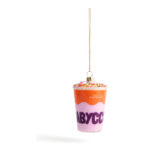 Glazen Yup in de Boom kerstbal als roze-oranje babyccino beker met gekleurde spikkels bovenop