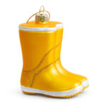 Glazen Yup in de Boom kerstbal als twee gele regenlaarsjes met witte zool en gouden glitterrand