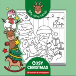 Voorkant van kaartenbox Cosy Christmas met kerstman sneeuwpop en rendier om zelf in te kleuren