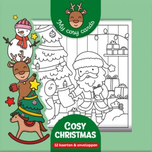 Voorkant van kaartenbox Cosy Christmas met kerstman sneeuwpop en rendier om zelf in te kleuren