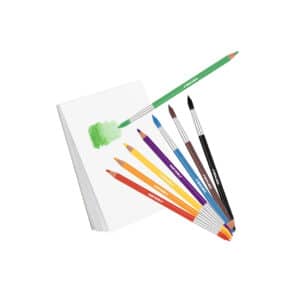 Tekenblok met aquarelpotloden met penseel en groene waterverfvlek
