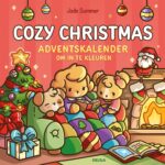 Voorkant kleurboek Cozy Christmas adventskalender van Jade Summer met knusse diertjes bij de kerstboom