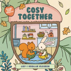 Voorkant van kleurboek Cosy Together uit de serie Kleine Bosvriendjes met eekhoorn en konijn aan de thee