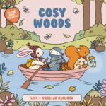 Voorkant van kleurboek Cosy Woods uit de serie Kleine Bosvriendjes met konijn das en eekhoorn in een roeiboot