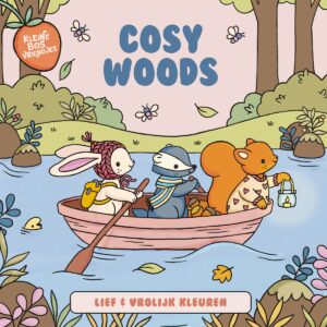 Voorkant van kleurboek Cosy Woods uit de serie Kleine Bosvriendjes met konijn das en eekhoorn in een roeiboot