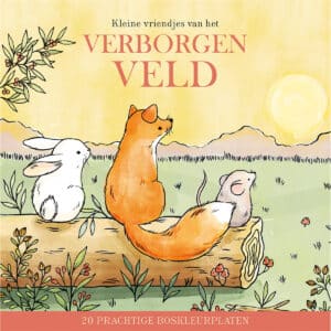 Voorkant van kleurboek Kleine Vriendjes van het Verborgen Veld met vos konijn en muis op een boomstam