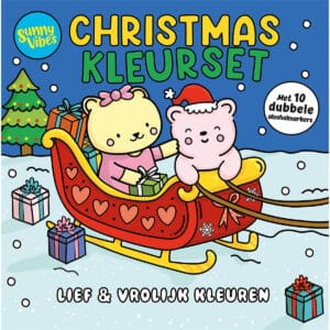 Voorkant van Sunny Vibes Christmas kleurset met twee beertjes in een rode arrenslee