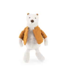 Witte Moulin Roty knuffelbeer Gustave met een okergeel ribbeljasje