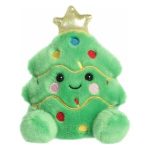 Groene Palm Pals knuffel kerstboom met gekleurde lichtjes en een gouden ster bovenop
