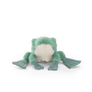 Groene Moulin Roty knuffelkikker recht van voren met lichte buik en gespreide poten