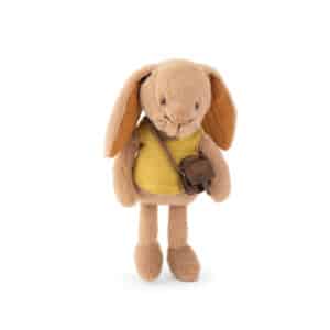 Lichtbruine Moulin Roty knuffel konijn Jojo met geel truitje en een bruin schoudertasje
