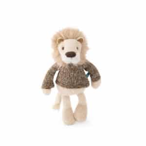 Crèmekleurige Moulin Roty knuffelleeuw Eliott met pluizige manen en een gemêleerde trui
