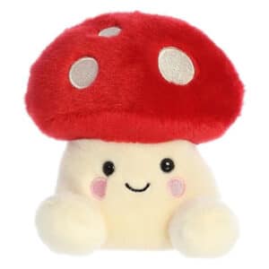 Palm Pals knuffel paddenstoel met rode hoed en witte stippen en een lief gezichtje met roze wangetjes