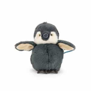 Donkergrijs Moulin Roty knuffelpinguïnkuiken met wit snoetje en gespreide vleugeltjes