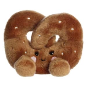 Bruine Palm Pals knuffel pretzel met witte zoutkorrels en een lachend gezichtje