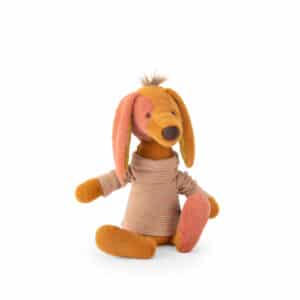 Oranjebruine Moulin Roty knuffelteckel Owen met roze oren en een gestreept truitje