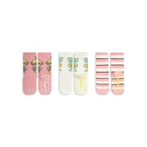 Drie paar antislip sokken – roze en wit met bekerprint en roze-wit gestreept – met antislipnopjes