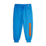 Blauwe joggingbroek met elastische taille – koord en oranje chenille WROOM op het been – voorkant
