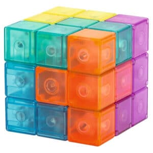 Magnetische puzzelkubus uit transparante neonblokjes in geel – blauw – oranje en paars