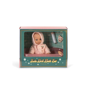 Groene Konges Sløjd doos Isola Doll Bath Set met babypop in roze badjas en een badje