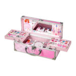Uitgeklapte roze beautycase Deluxe met meerdere lagen make-up
