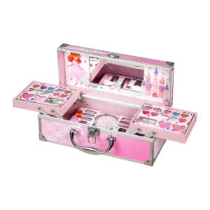 Uitgeklapte roze beautycase Deluxe met meerdere lagen make-up
