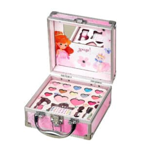 Geopende roze beautycase met spiegel – oogschaduw – lipgloss en nagellak