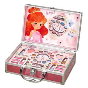 Geopende roze beautycase vol make-up – nagellak en accessoires