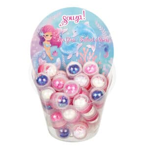 Doorzichtige ballonverpakking vol ronde lipglossbolletjes met confetti