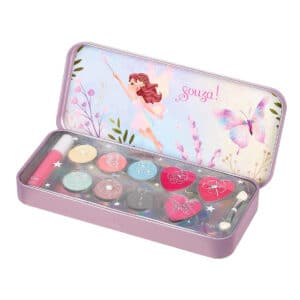 Geopend blikken make-up koffertje met spiegel en kleurrijke oogschaduw