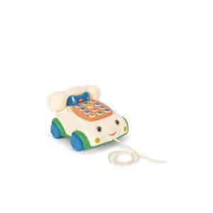 Retro speelgoedtelefoon van Konges Sløjd op wieltjes met gekleurde toetsen en een lachend gezichtje