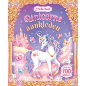 Roze voorkant stickerboek Unicorns aankleden met eenhoorn voor een sprookjeskasteel
