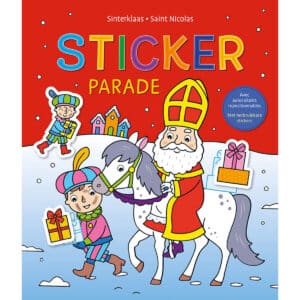 Voorkant stickerboek Sticker Parade van Deltas met Sinterklaas op zijn schimmel en een Piet met cadeautjes