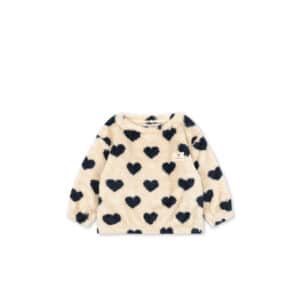 Crème teddy sweater Cozy van Konges Sløjd met donkerblauwe hartjes