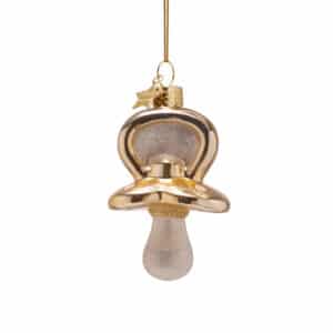 Gouden glazen kerstbal in de vorm van een speen met witte speen van Vondels