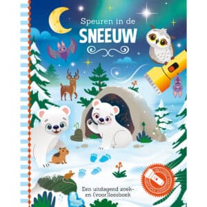 Voorkant van het zaklampboek Speuren in de Sneeuw met ijsbeertjes bij een sneeuwgrot en een sneeuwuil met zaklamp